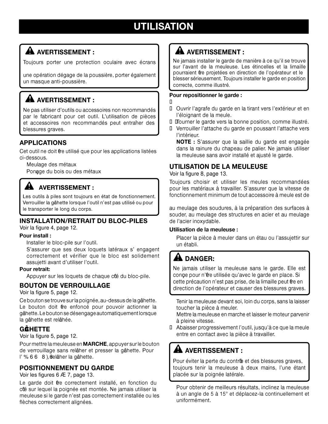 Ryobi P421 Installation/Retrait Du Bloc-Piles , Gâchette, Positionnement DU Garde, Avertissement , Voir les figures 6 á 7 